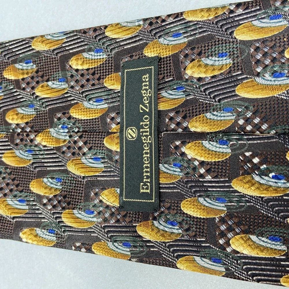 Ermenegildo Zegna Tie Necktie 100% Silk Geometric Abstract Designer Brown‎ Mens